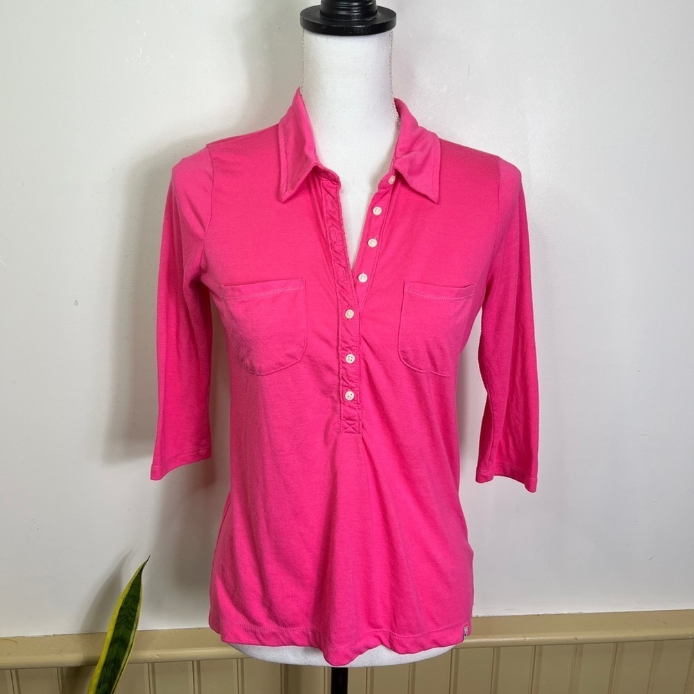 Vintage Hollister Hot Pink 3/4 Sleeve Henley Polo Top Size Small Y2K Preppy